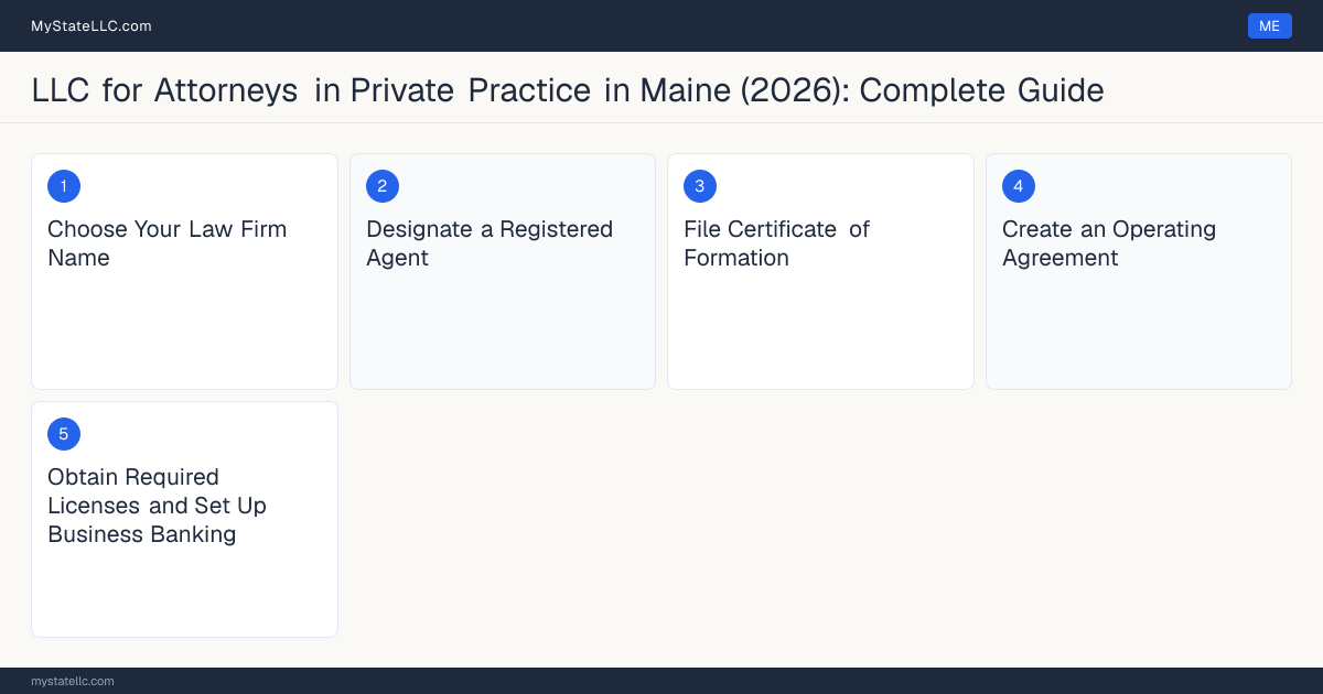 Step diagram for forming a professional LLC for Attorneys in Private Practice in Maine, showing each formation step and the Maine Bar License (Bar Admission) the state requires first.