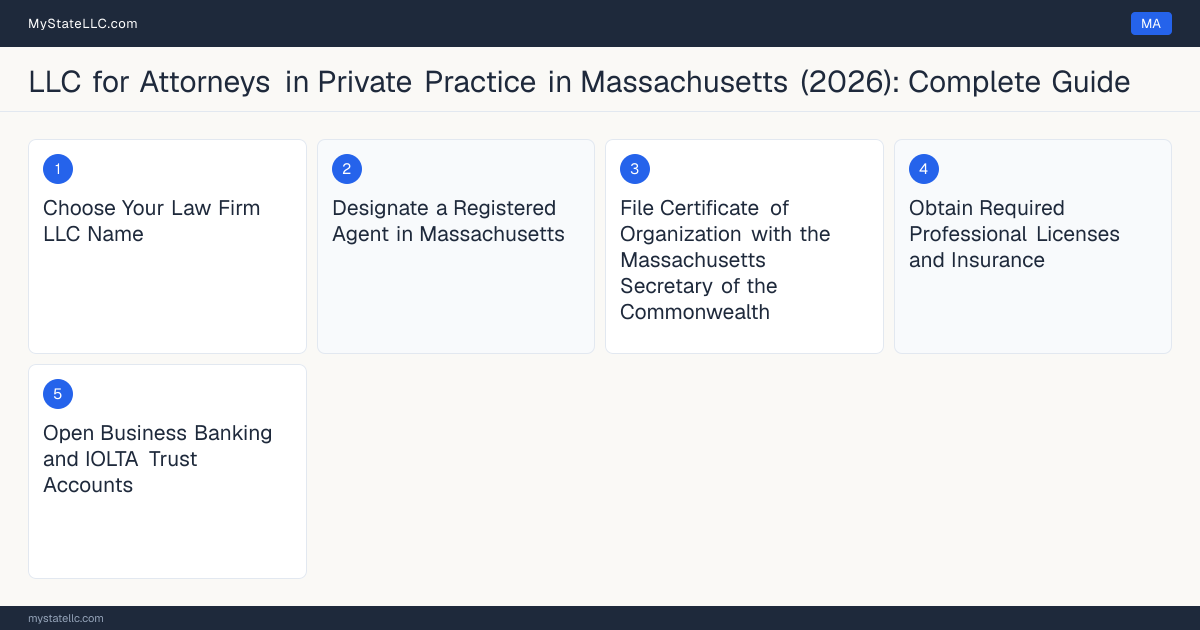 Step diagram for forming a professional LLC for Attorneys in Private Practice in Massachusetts, showing each formation step and the Massachusetts Bar License (Bar Admission) the state requires first.