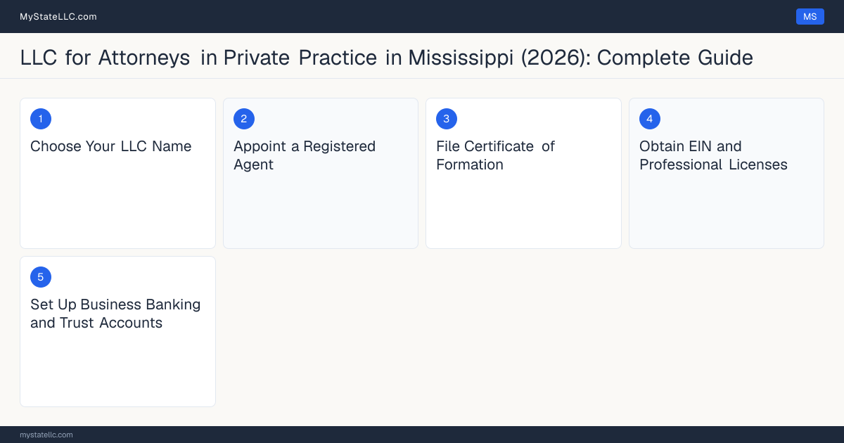 Step diagram for forming a professional LLC for Attorneys in Private Practice in Mississippi, showing each formation step and the Mississippi Bar License (Bar Admission) the state requires first.