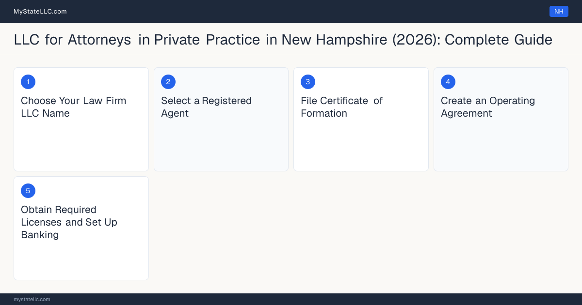 Step diagram for forming a professional LLC for Attorneys in Private Practice in New Hampshire, showing each formation step and the New Hampshire Law License (Bar Admission) the state requires first.