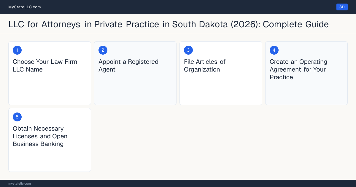 Step diagram for forming a professional LLC for Attorneys in Private Practice in South Dakota, showing each formation step and the South Dakota Law License (Bar Admission) the state requires first.