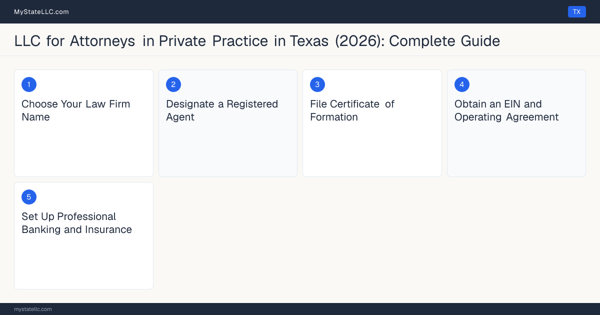 Step diagram for forming a professional LLC for Attorneys in Private Practice in Texas, showing each formation step and the Texas Law License (Bar Admission) the state requires first.