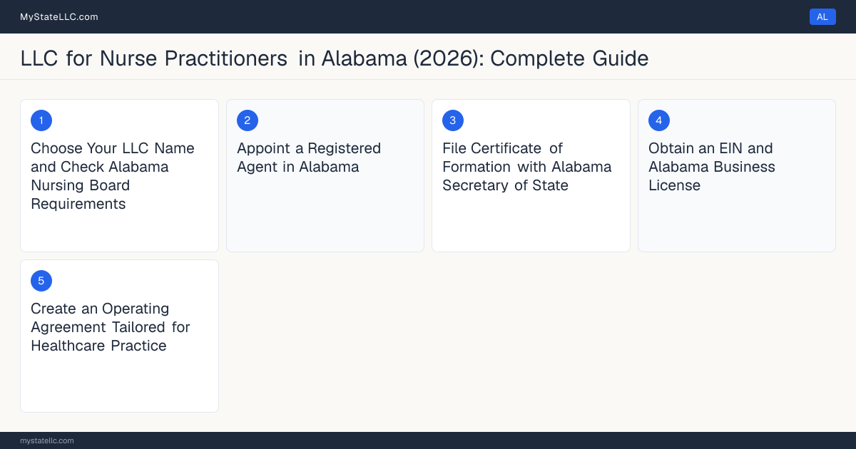 Step diagram for forming a professional LLC for Nurse Practitioners in Alabama, showing each formation step and the Advanced Practice Registered Nurse (APRN) Certificate the state requires first.