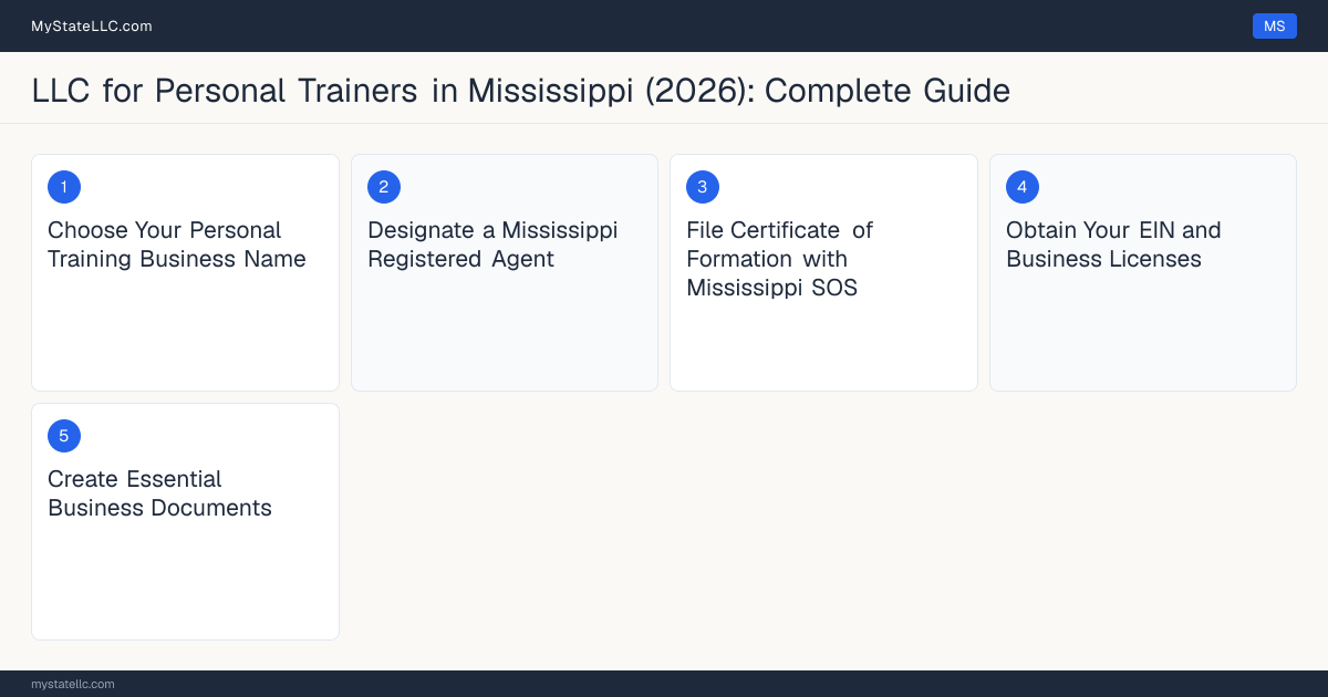 Step diagram for forming a professional LLC for Personal Trainers in Mississippi, showing each formation step and the state licensing requirement.