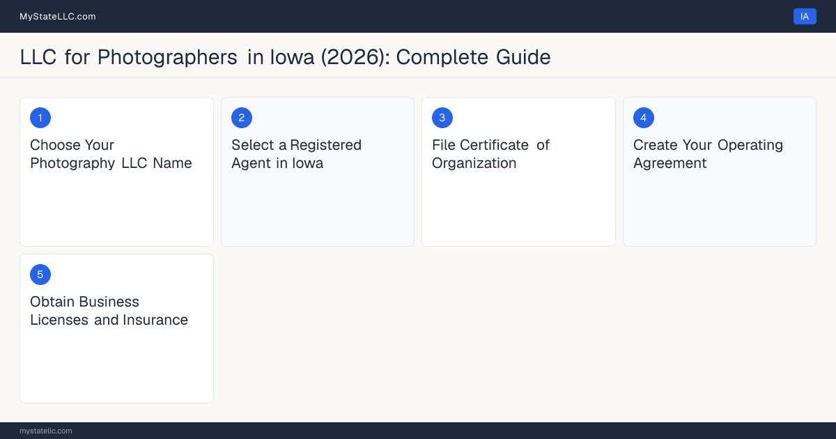 Step diagram for forming a professional LLC for Photographers in Iowa, showing each formation step and the state licensing requirement.
