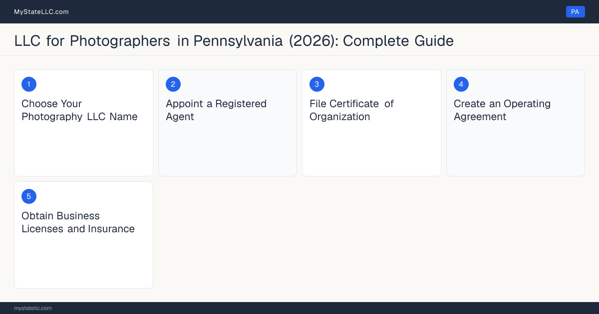 Step diagram for forming a professional LLC for Photographers in Pennsylvania, showing each formation step and the state licensing requirement.