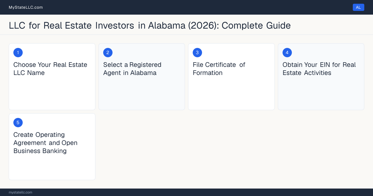 Step diagram for forming a professional LLC for Real Estate Investors in Alabama, showing each formation step and the state licensing requirement.