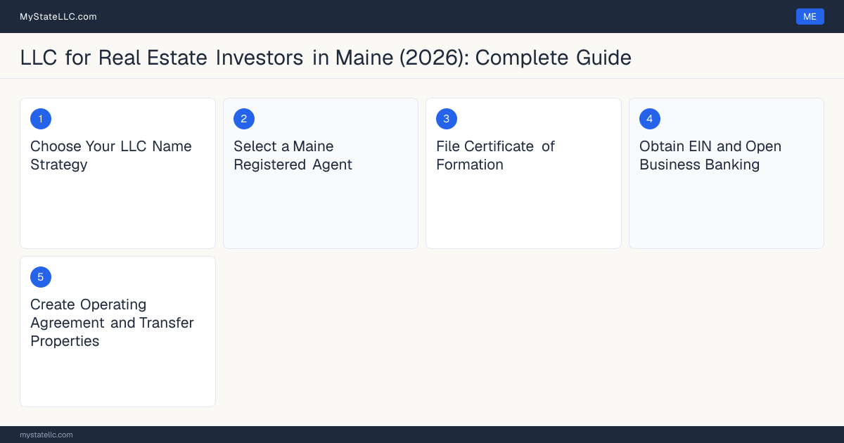 Step diagram for forming a professional LLC for Real Estate Investors in Maine, showing each formation step and the state licensing requirement.