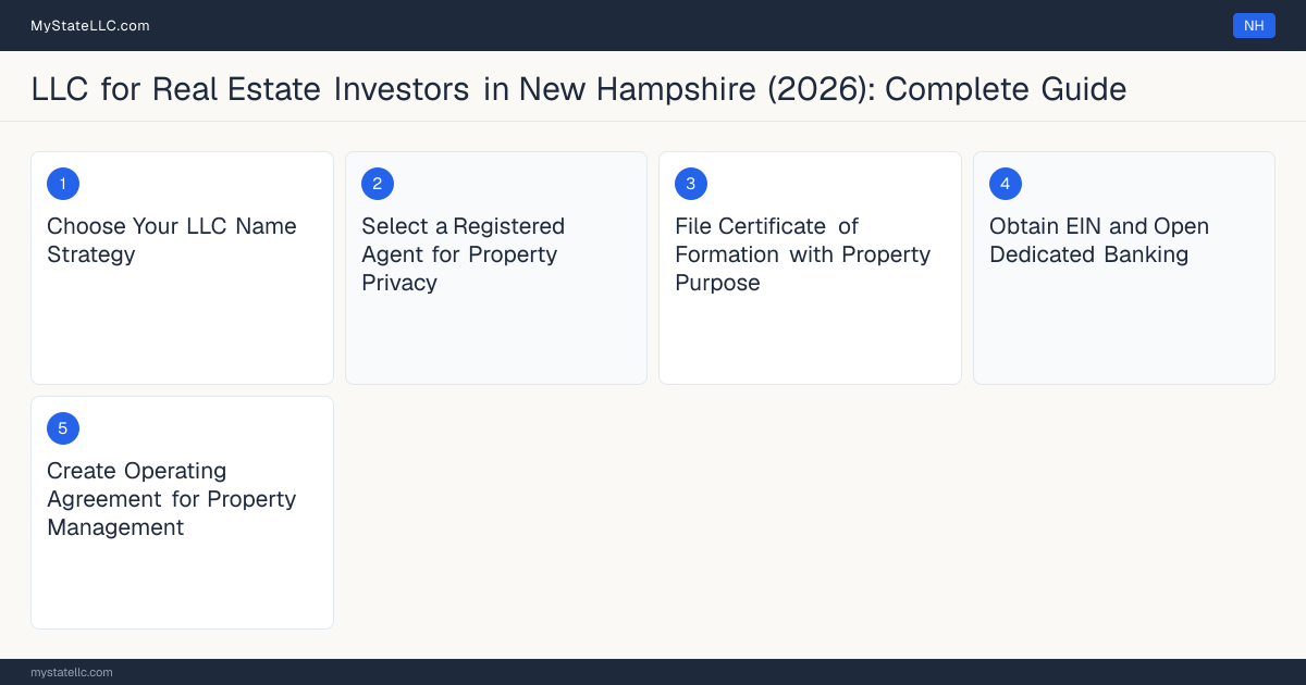 Step diagram for forming a professional LLC for Real Estate Investors in New Hampshire, showing each formation step and the state licensing requirement.
