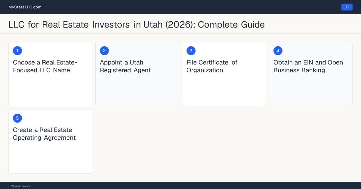 Step diagram for forming a professional LLC for Real Estate Investors in Utah, showing each formation step and the state licensing requirement.