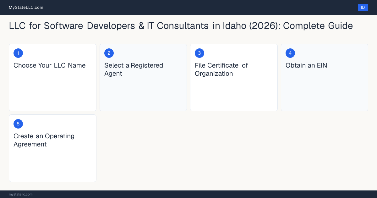 Step diagram for forming a professional LLC for Software Developers & IT Consultants in Idaho, showing each formation step and the state licensing requirement.