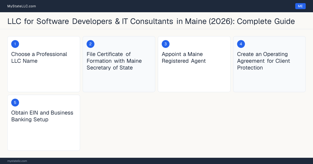 Step diagram for forming a professional LLC for Software Developers & IT Consultants in Maine, showing each formation step and the state licensing requirement.