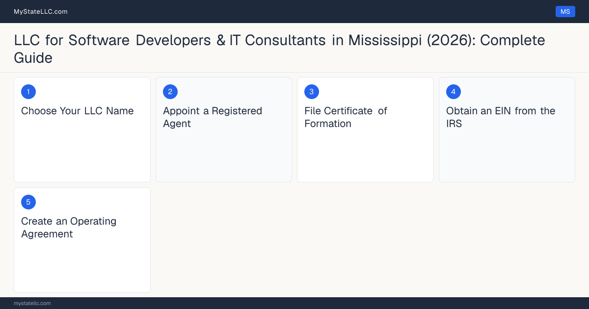Step diagram for forming a professional LLC for Software Developers & IT Consultants in Mississippi, showing each formation step and the state licensing requirement.