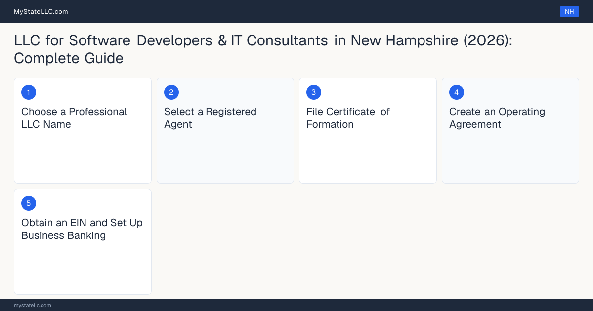 Step diagram for forming a professional LLC for Software Developers & IT Consultants in New Hampshire, showing each formation step and the state licensing requirement.