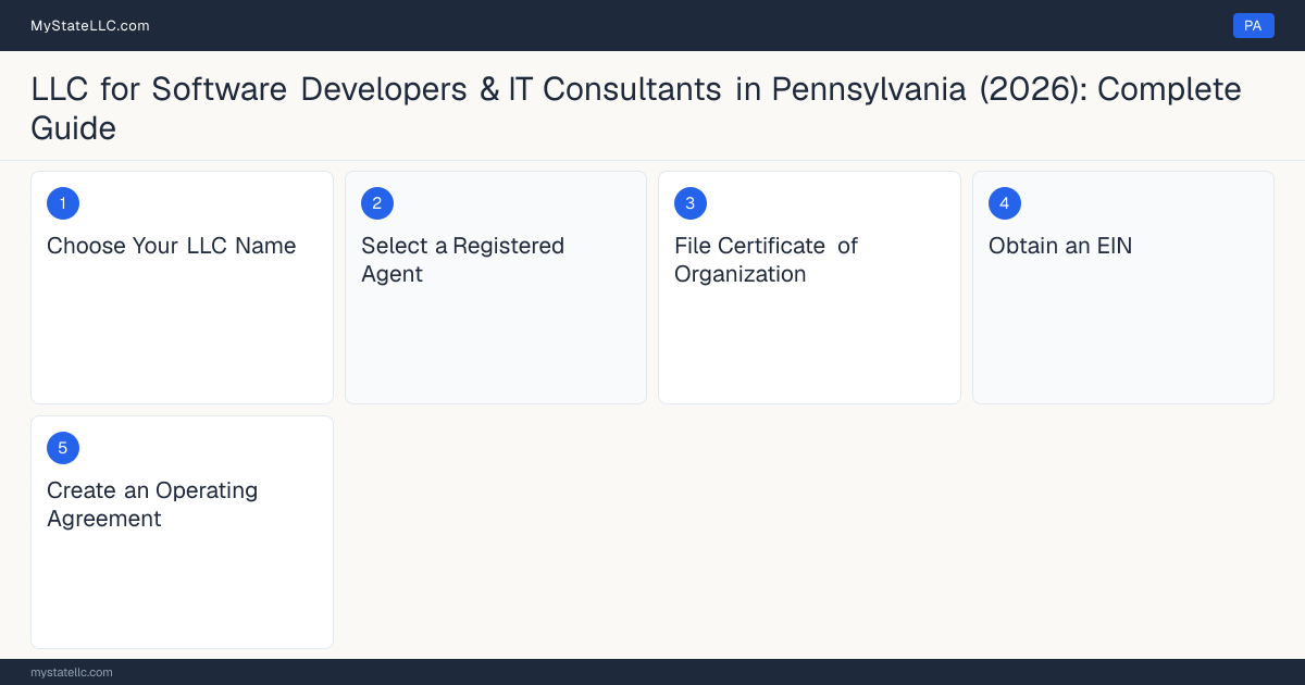 Step diagram for forming a professional LLC for Software Developers & IT Consultants in Pennsylvania, showing each formation step and the state licensing requirement.