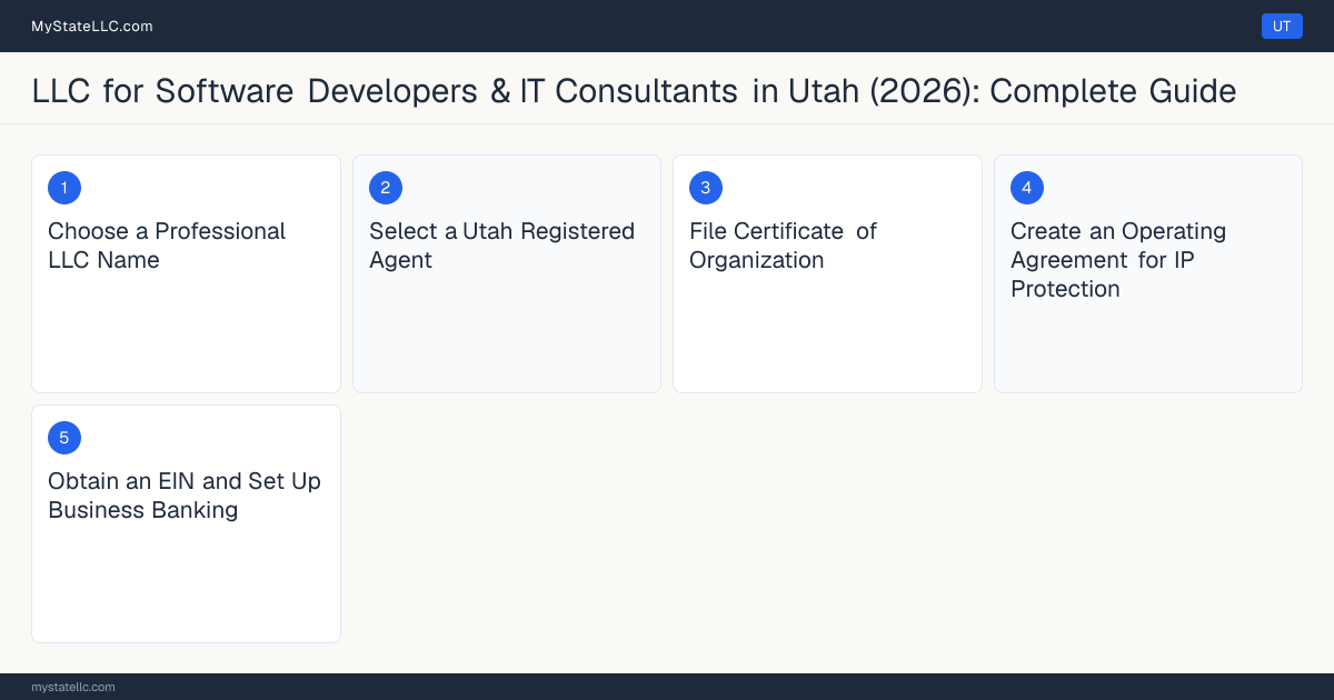 Step diagram for forming a professional LLC for Software Developers & IT Consultants in Utah, showing each formation step and the state licensing requirement.