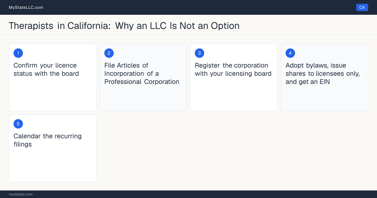Step diagram for forming a professional LLC for Therapists in California, showing each formation step and the Licensed Professional Clinical Counselor (LPCC) the state requires first.
