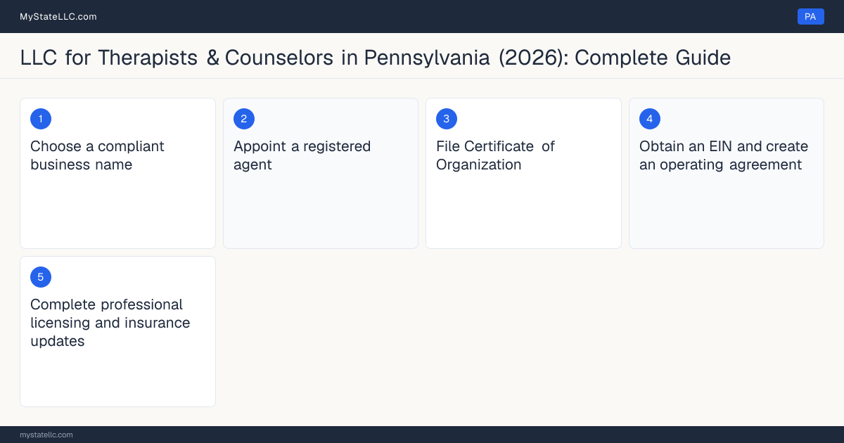 Step diagram for forming a professional LLC for Therapists & Counselors in Pennsylvania, showing each formation step and the Licensed Professional Counselor (LPC) or Licensed Marr… the state requires first.