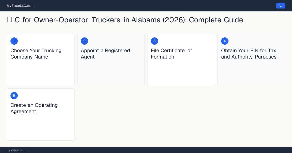 Step diagram for forming a professional LLC for Owner-Operator Truckers in Alabama, showing each formation step and the Commercial Driver's License (CDL) Class A the state requires first.