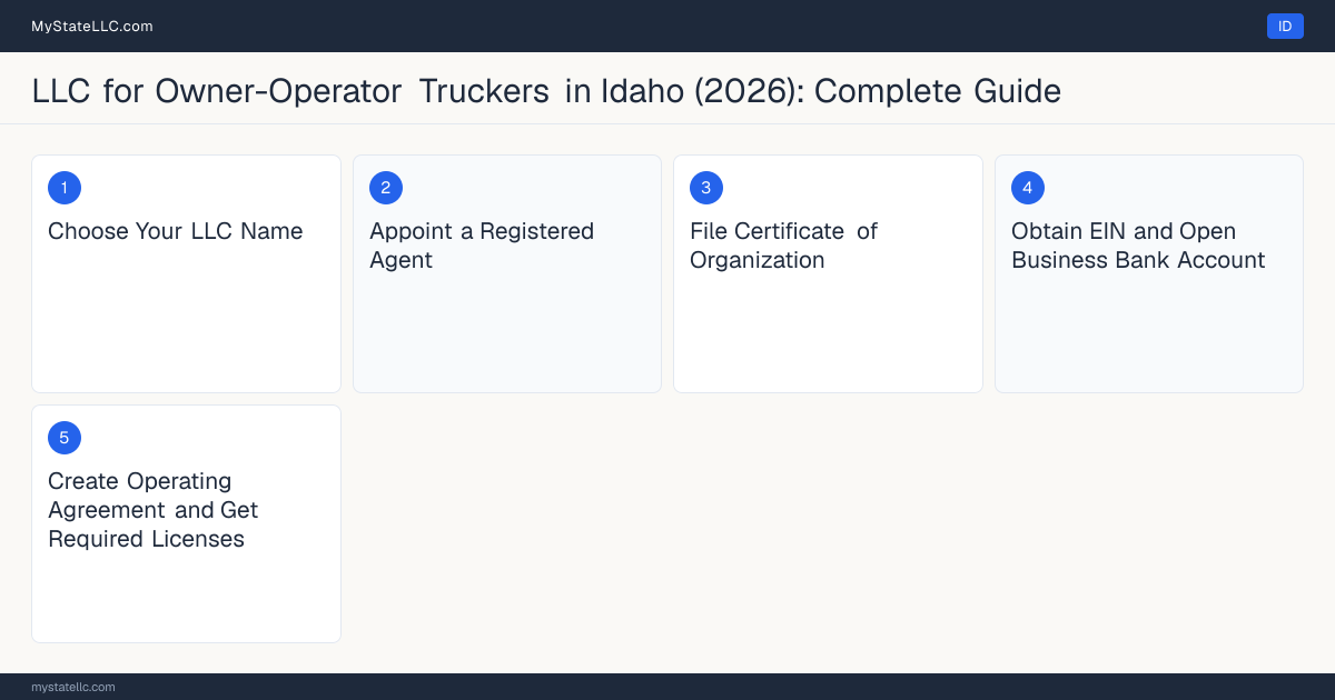 Step diagram for forming a professional LLC for Owner-Operator Truckers in Idaho, showing each formation step and the Commercial Driver's License (CDL) Class A the state requires first.