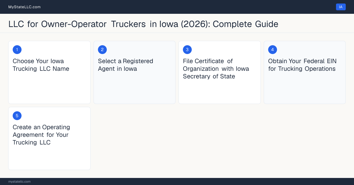 Step diagram for forming a professional LLC for Owner-Operator Truckers in Iowa, showing each formation step and the Commercial Driver's License (CDL) Class A the state requires first.